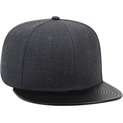 Wool Blend Twill w/ Faux Leather Round Flat Visor Six Panel Mid Profile Style Snapback Hat