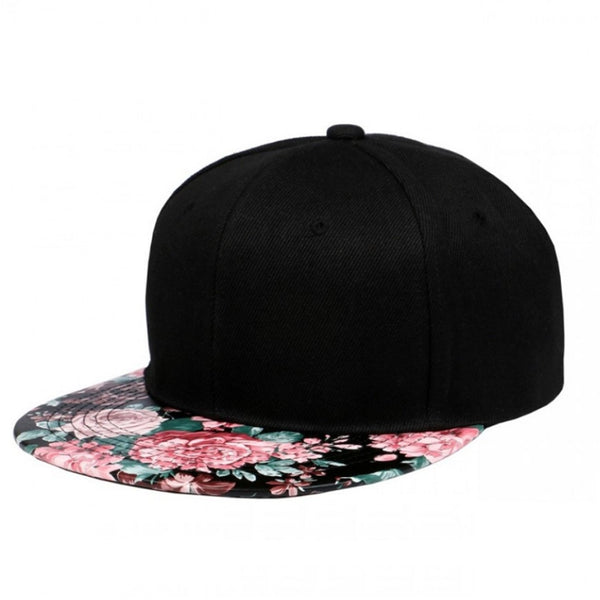 Floral Pattern PU Leather Flat Bill Visor Adjustable Snapback Hat